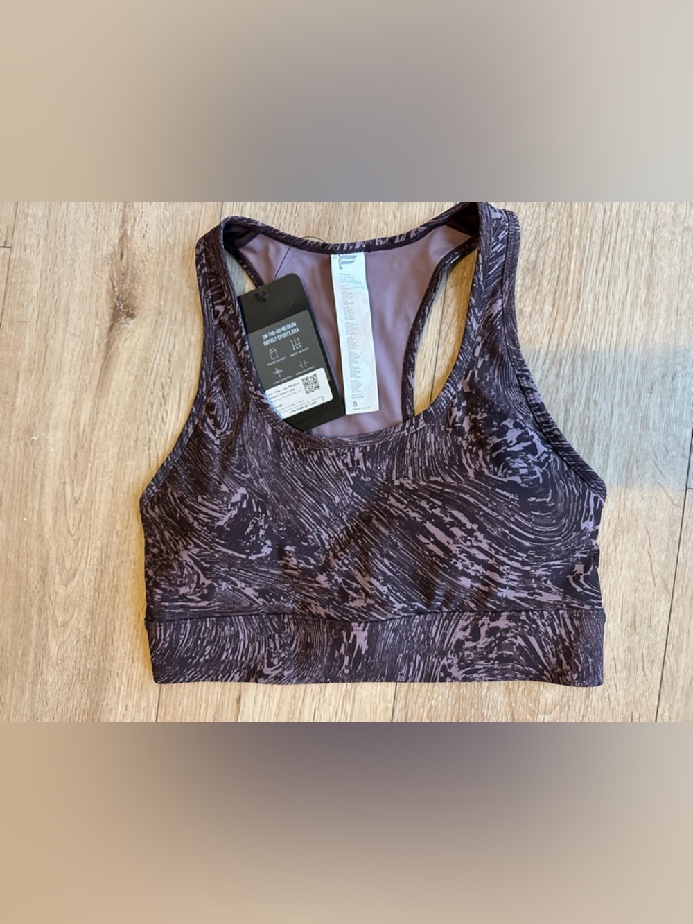 Fabletics- on the go Medium Impact Purple Patterned Racerback Sports Bra Sz S